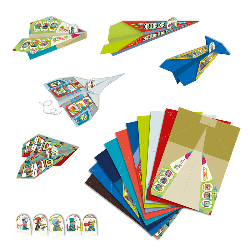 Colorful paper airplanes and envelopes on a white background