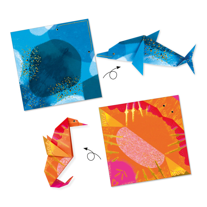 Colorful origami paper with folded animal shapes on a white background