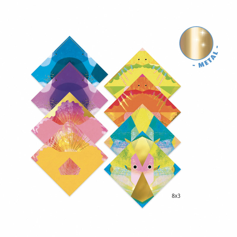 Colorful paper squares with various designs on a white background