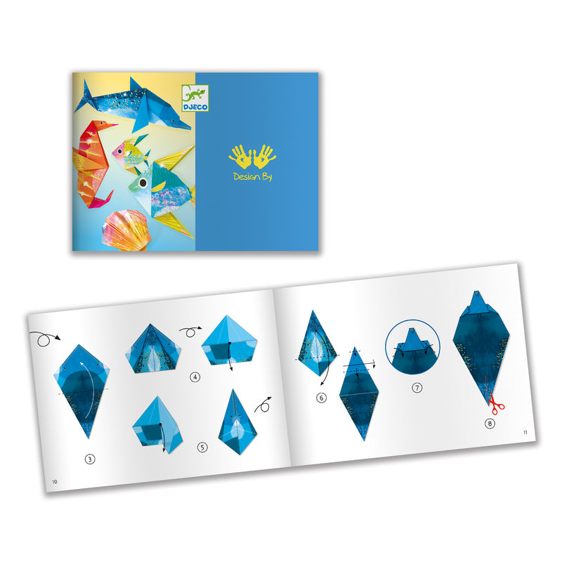 Children's craft kit with blue diamond shapes and a step-by-step guide on a white background.