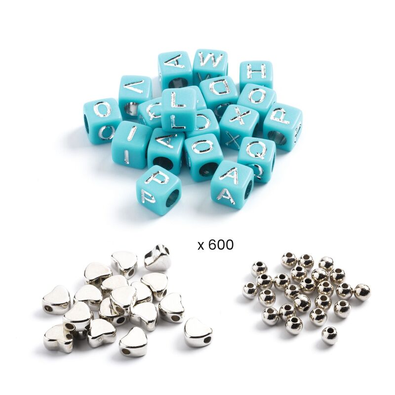 Turquoise letter beads and silver metal beads on a white background