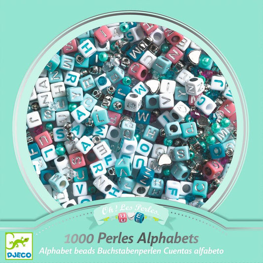 Assorted alphabet beads in a clear container on a teal background, with DJECO branding.