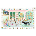 Illustrated room with various activities and objects, including a piano and people dancing.