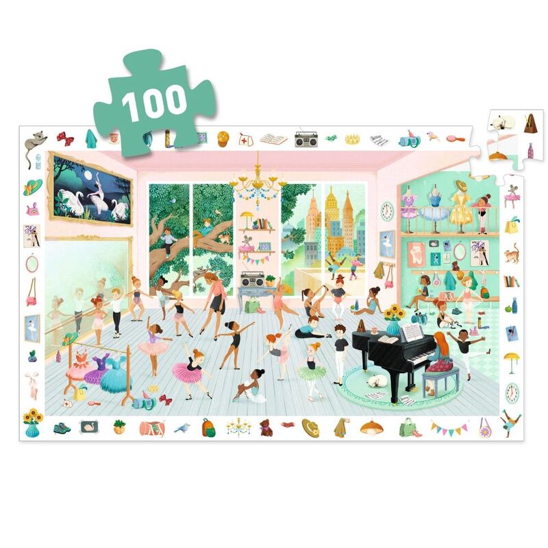 Puzzle with a colorful illustration of a dance studio and 100 piece count label.