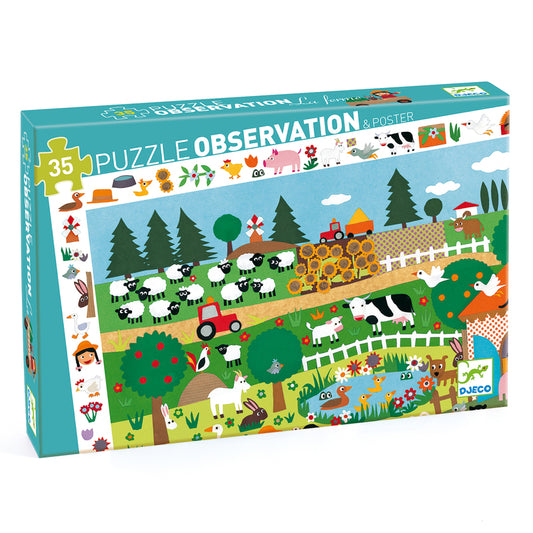 Puzzle box with farm scene illustration and 'DJECO' branding