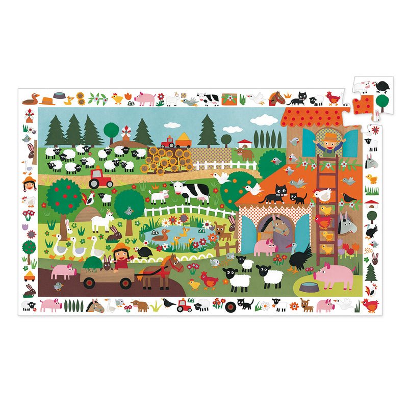 Children's farm-themed rug with various animals and structures on a white background