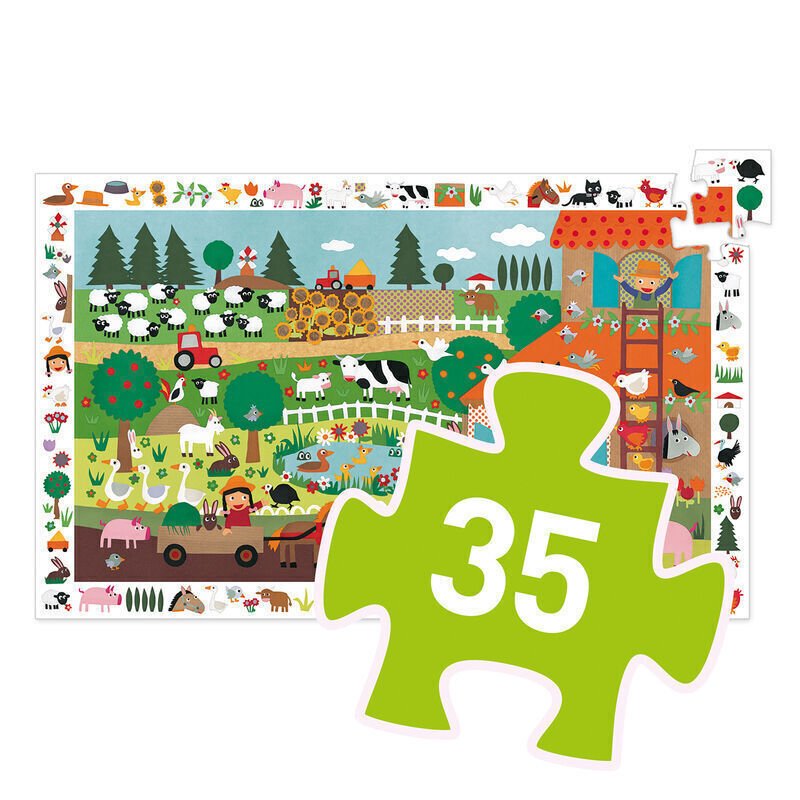Children's puzzle with a farm scene and a green piece labeled '35'.
