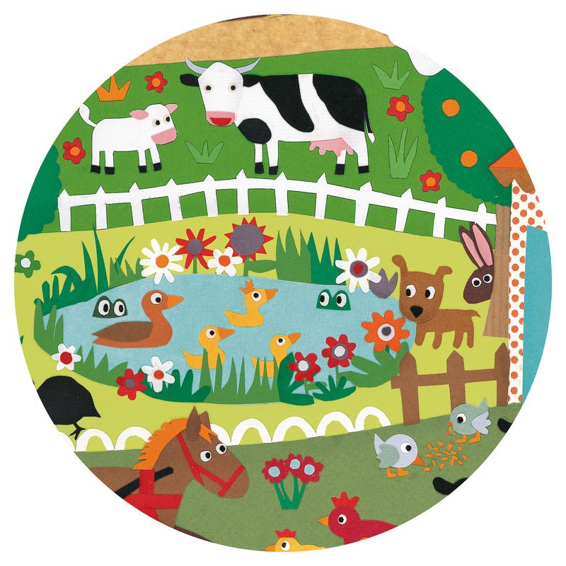 Children's plate with farm animal illustrations on a white background