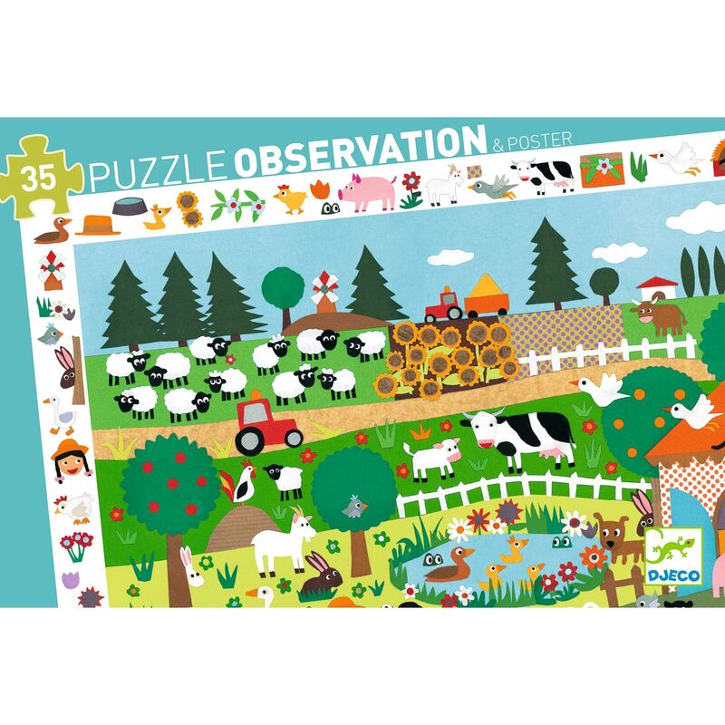 Farm-themed puzzle with animals and landscape, featuring the brand 'Djeco'.