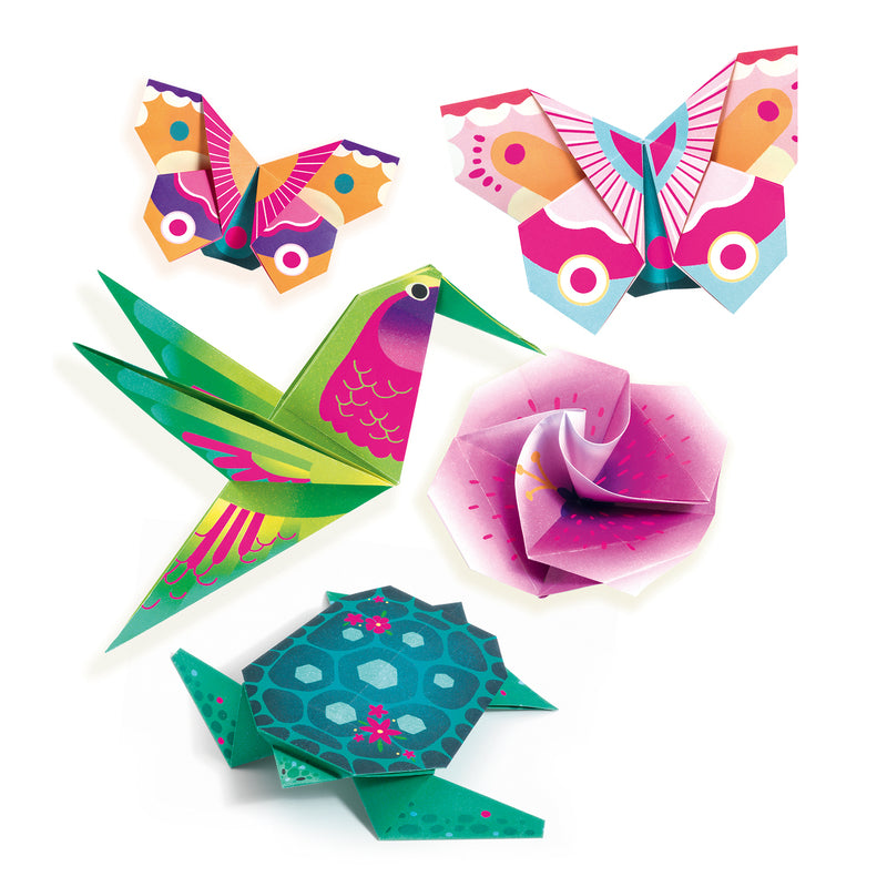 Colorful origami creations including butterflies and a turtle on a white background