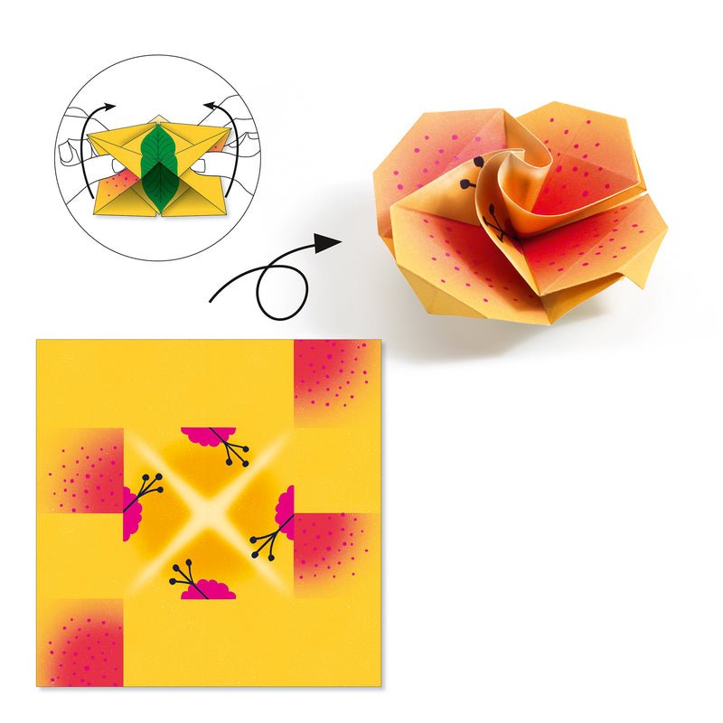 Origami rose made from a square piece of paper with a yellow and pink pattern on a white background.