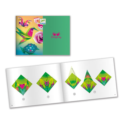Colorful geometric design book with a green cover featuring a logo on a white background