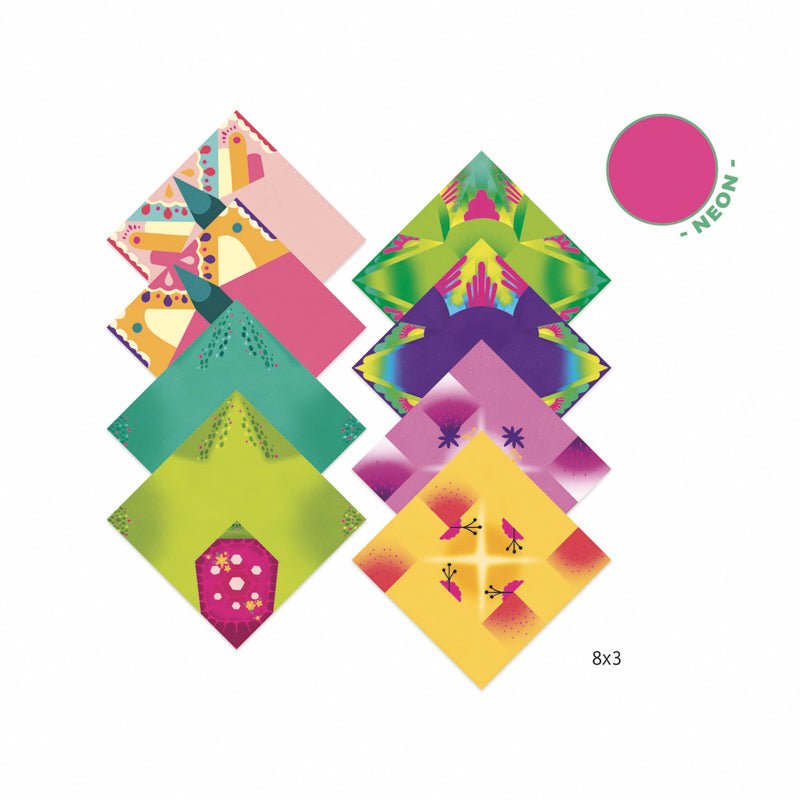 Colorful geometric patterned squares with a pink circle labeled 'Neon' and text '8x3' on a white background.