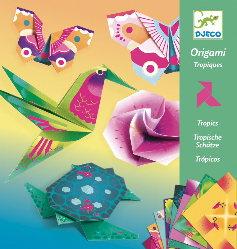 Origami kit with tropical-themed designs on a colorful background, featuring the Djeco brand.