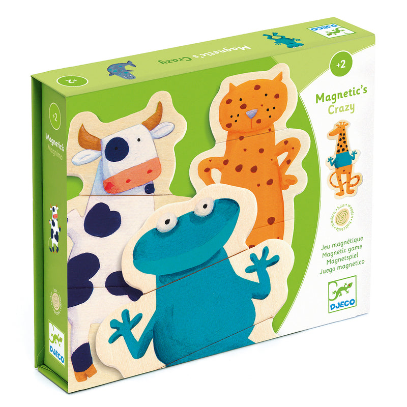 Box of magnetic animal puzzle with cow, cat, and frog designs on a white background