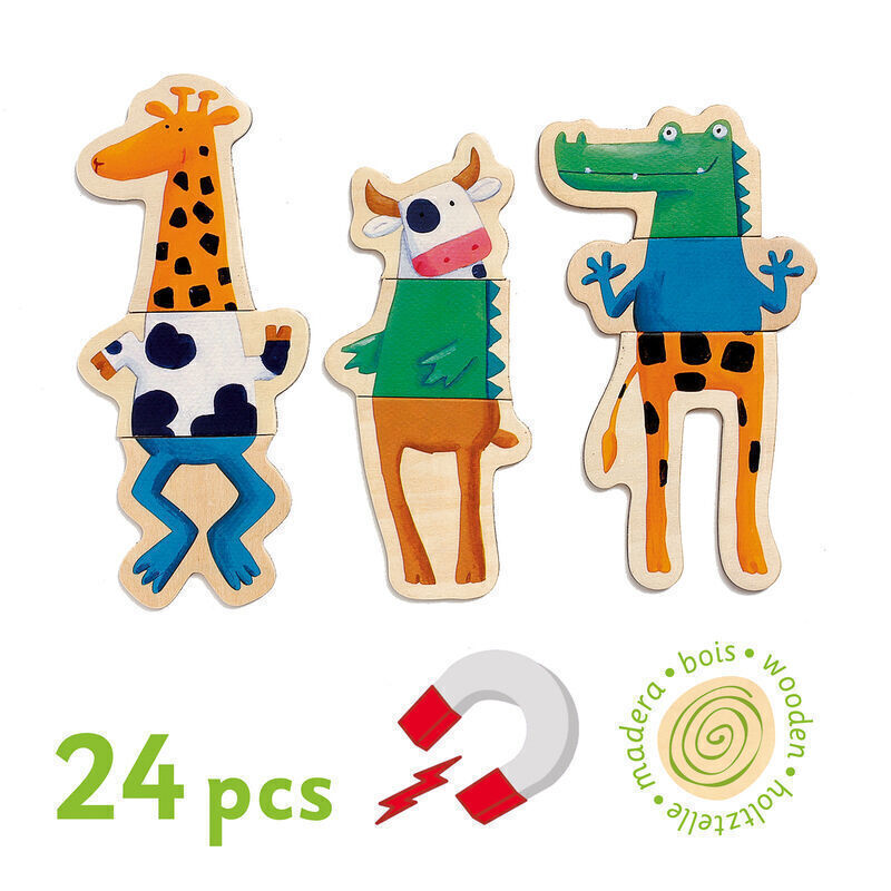 Set of wooden animal-shaped puzzles with a magnet on a white background, featuring the brand 'Madera Bois'.