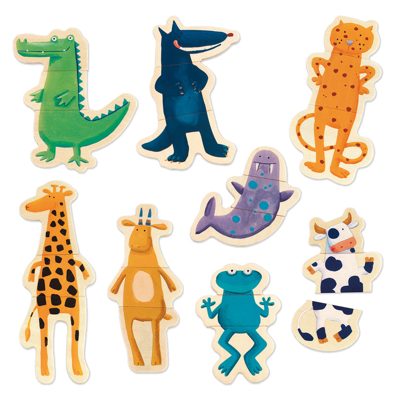 Set of colorful animal-shaped wooden toys on a white background