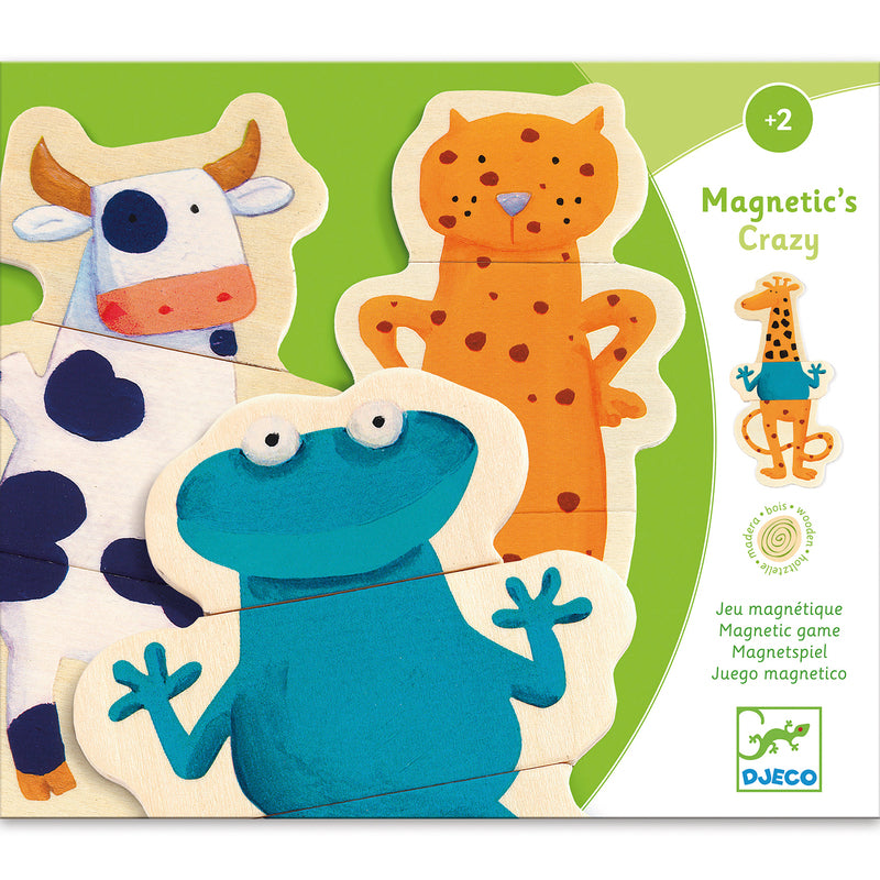 Magnetic puzzle with cow, tiger, and frog shapes on a green background, featuring the Djeco brand.