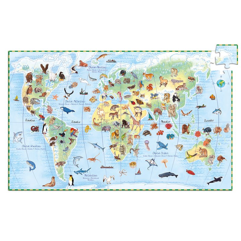 World map with animal illustrations on a white background
