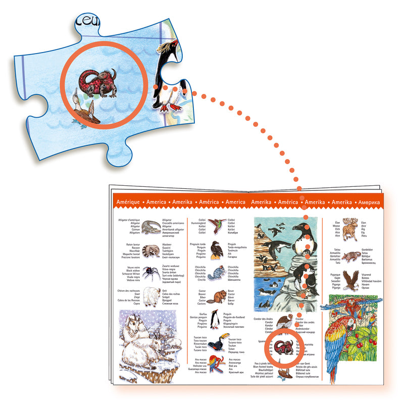 Educational book with illustrations of animals and a puzzle piece featuring a penguin.