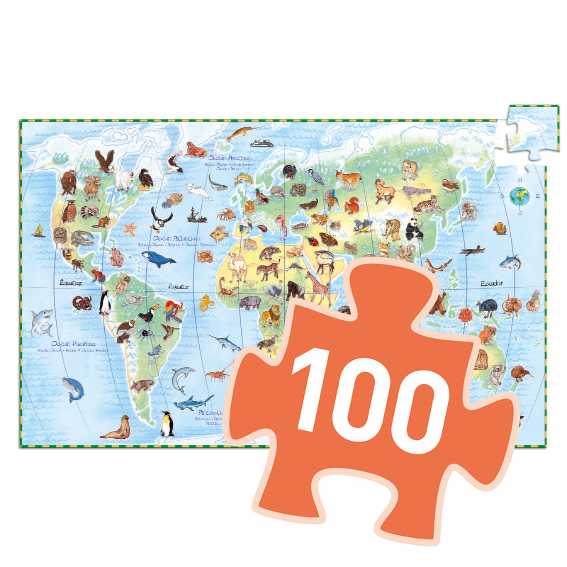 World map puzzle with a piece labeled '100' on a white background