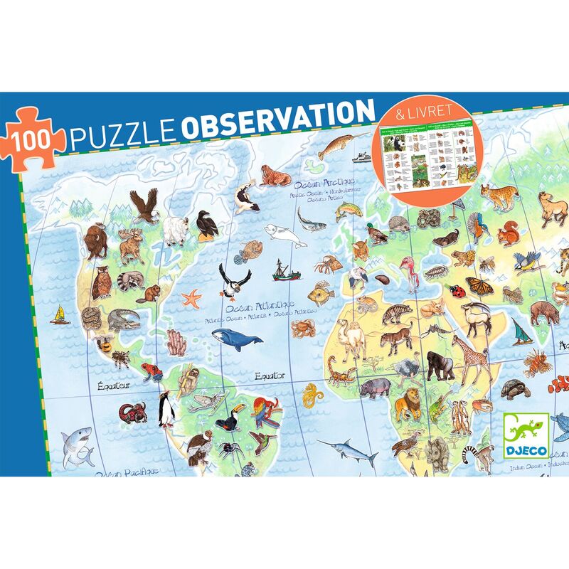 Map of World with animal illustrations and a 100-piece puzzle on a blue border
