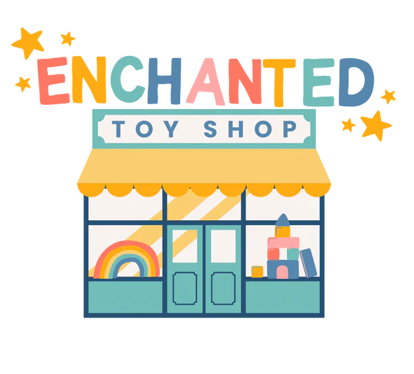 Colorful illustration of a toy shop with stars around it.