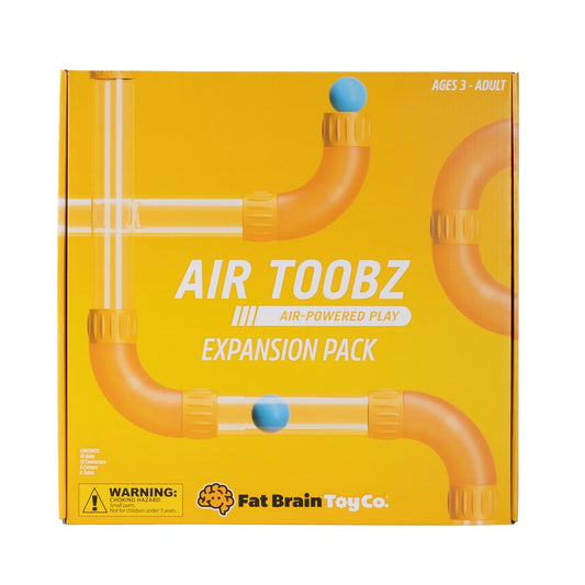 The product image shows the packaging of the Air Toobz Expansion Pack with vibrant yellow and orange colors featuring images of the transparent tubes and colorful balls.