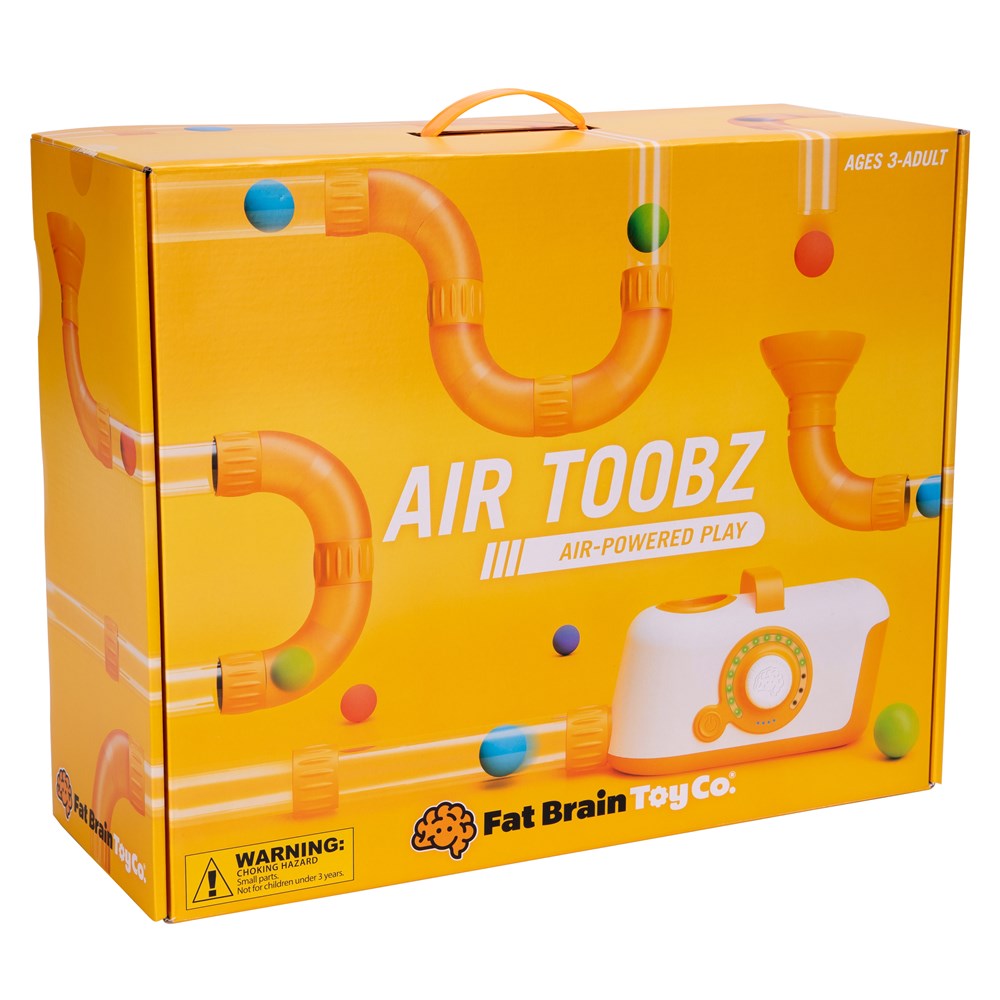 Packaging box for Air Toobz toy featuring a multicolored design with images of the toy and its components, and the Fat Brain Toy Co. logo.