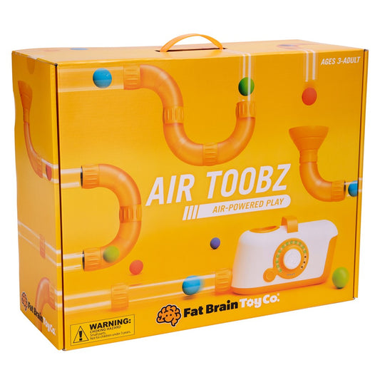 Packaging box for Air Toobz toy featuring a multicolored design with images of the toy and its components, and the Fat Brain Toy Co. logo.