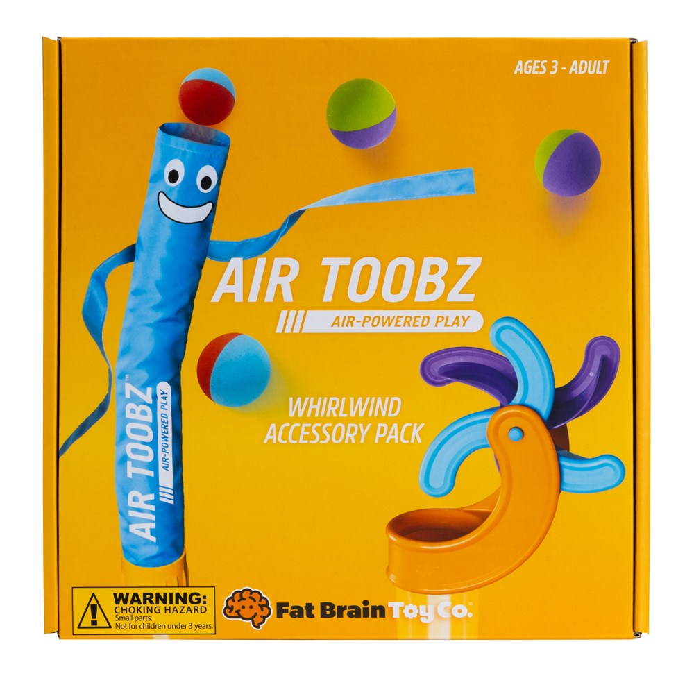 Packaging for AirToobz Whirlwind Accessory Pack featuring a blue tube with a face, a yellow spinning wheel, and multicolored balls against a yellow background.