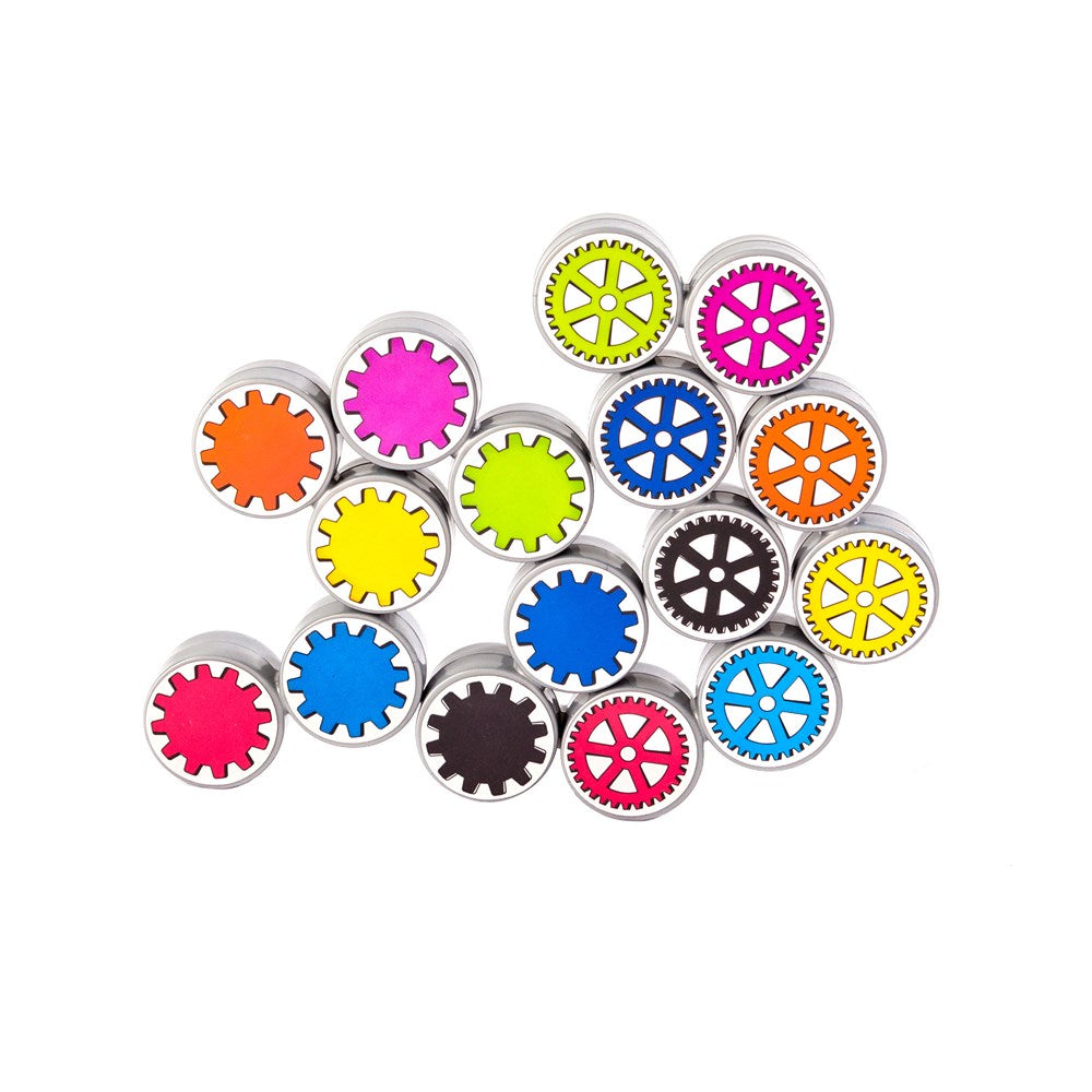 Colorful gear-shaped objects arranged in a circular pattern on a white background