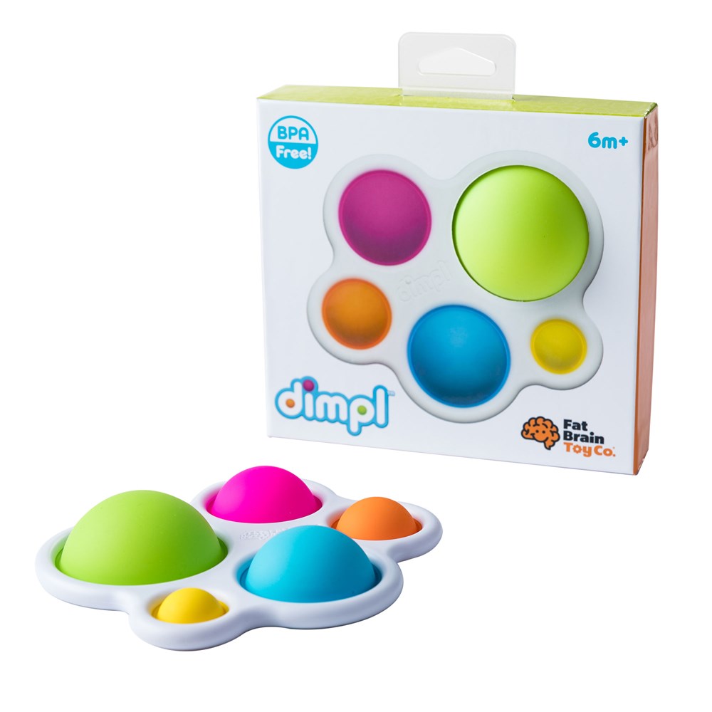 A colorful silicone sensory toy with five bubbles in various sizes and colors, including green, blue, pink, orange, and yellow, built into a white ABS plastic frame. The toy is packaged in a box showing the product name 'Dimpl' and recommended age '6m+'.
