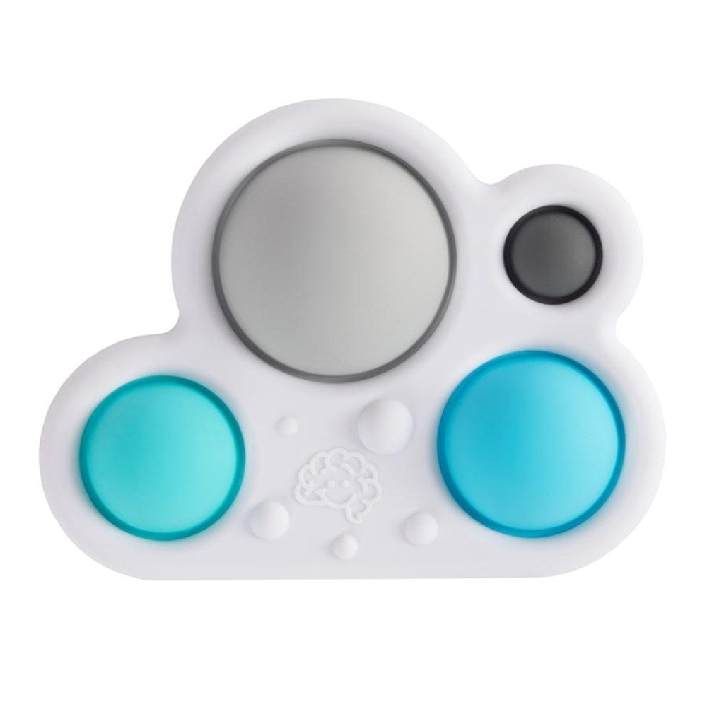 Fidget with white base, gray center, and blue buttons on a white background