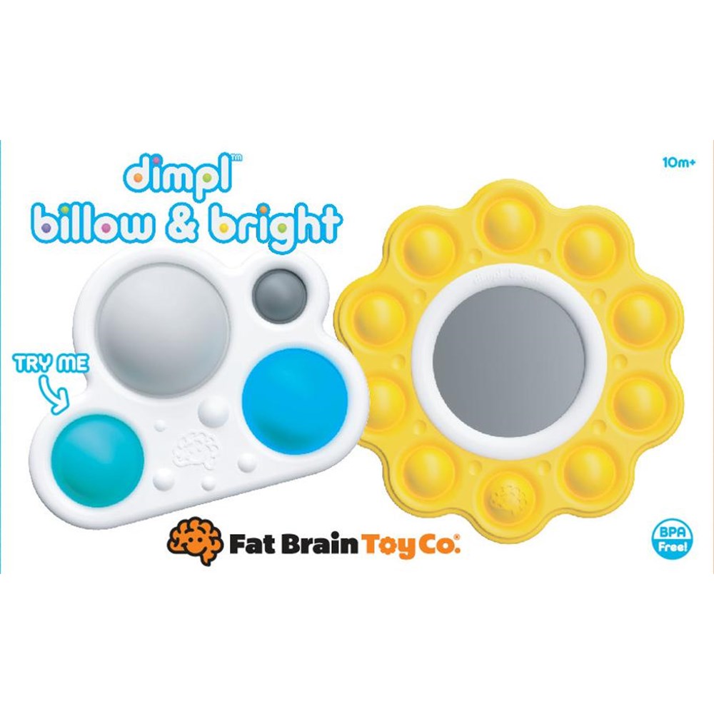 Two pop-it toys, one yellow and one multicolored, with Fat Brain Toy Co. branding on a white background.