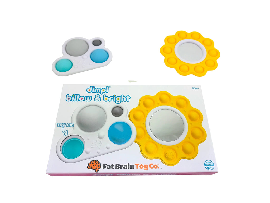 Toy packaging with colorful buttons and 'Fat Brain Toy Co.' branding on a white background