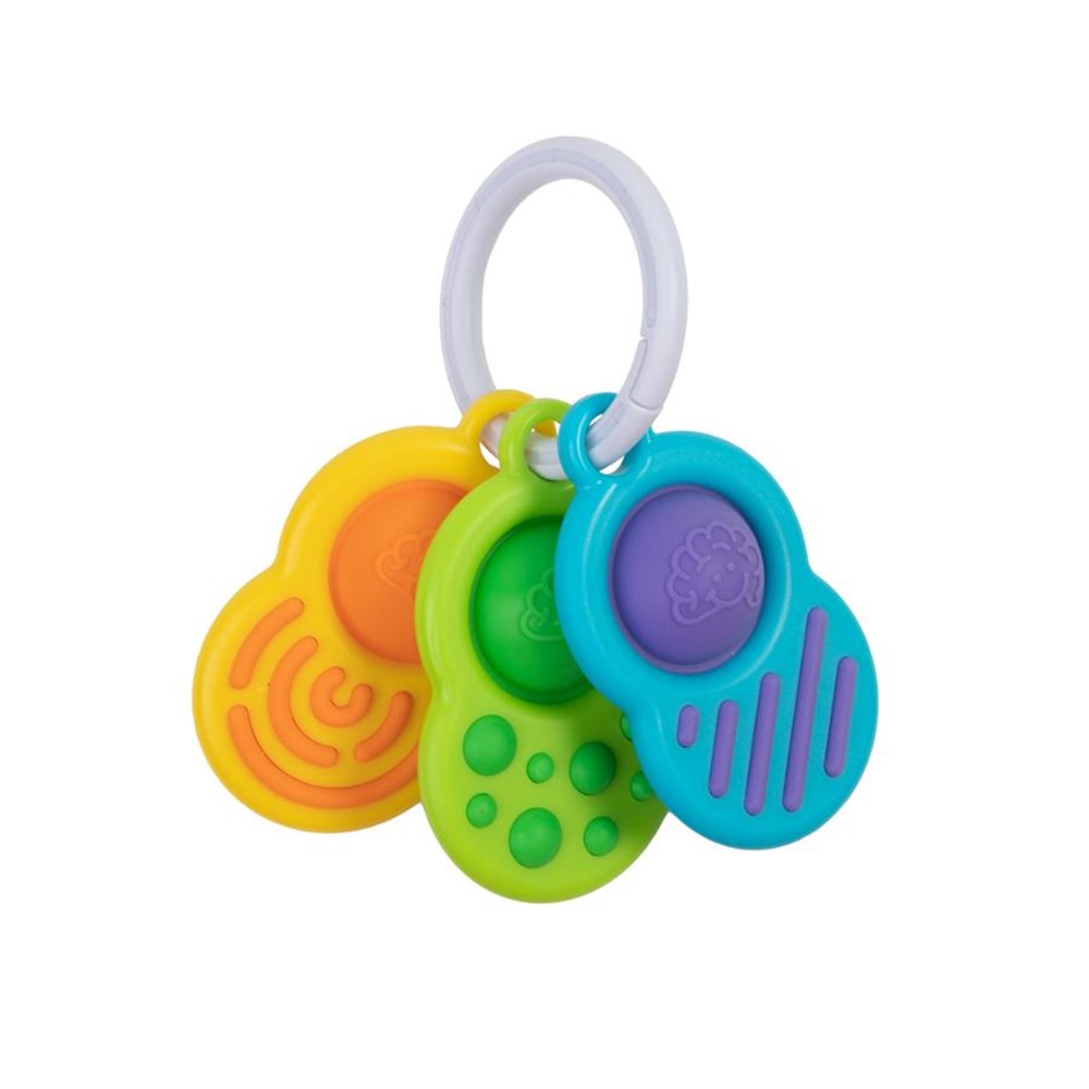 Colorful baby teething ring with multiple textures on a white background