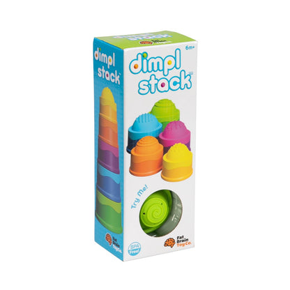 A set of colorful stacking cups with textured silicone bubbles, packaged in a box, with the product name 'Dimpl Stack' displayed.