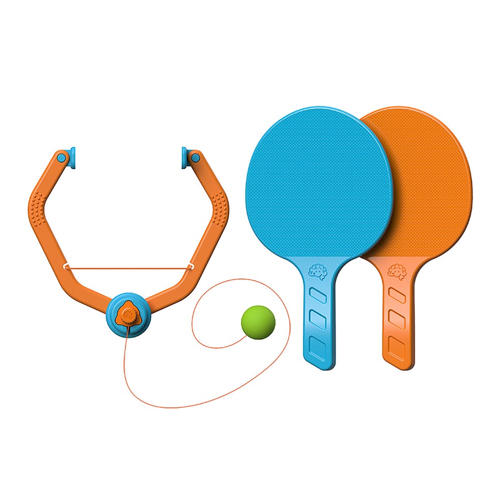 Set of colorful table tennis paddles and a ball on a white background