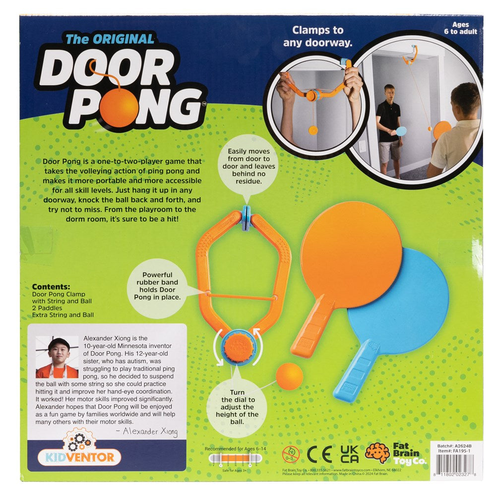Box of Door Pong game with two paddles and a ball on a green and blue background