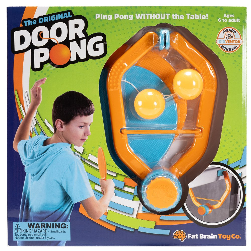 Box of Door Pong game with a child playing and Fat Brain Toy Co branding.