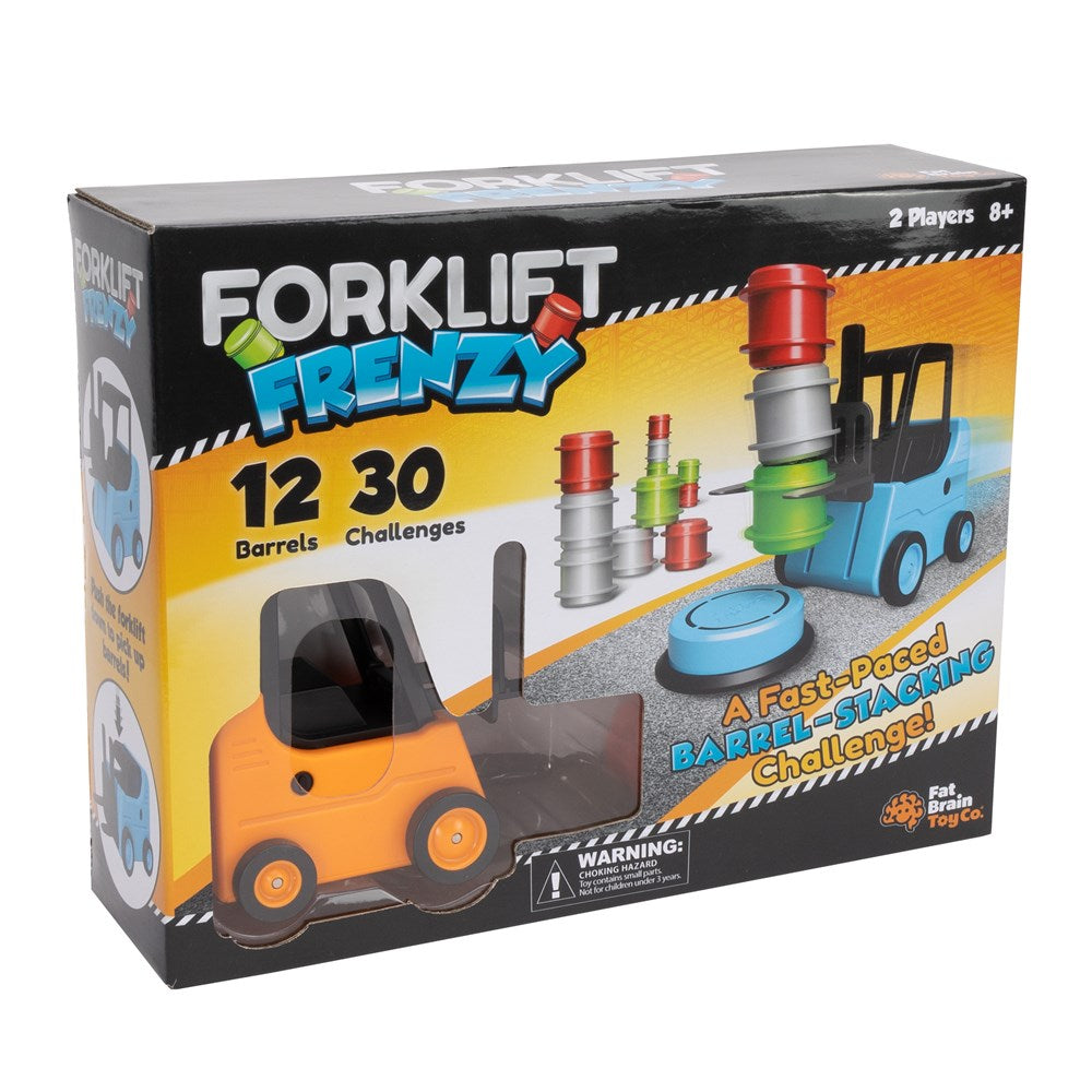 Box of Forklift Frenzy toy game with forklift and barrels on a white background