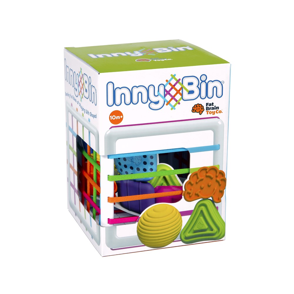 A product image of Inny Bin, a shape-sorting toy with a cube and various textured geometric shapes including a triangle, sphere, and diamond, as well as the Fat Brain logo.