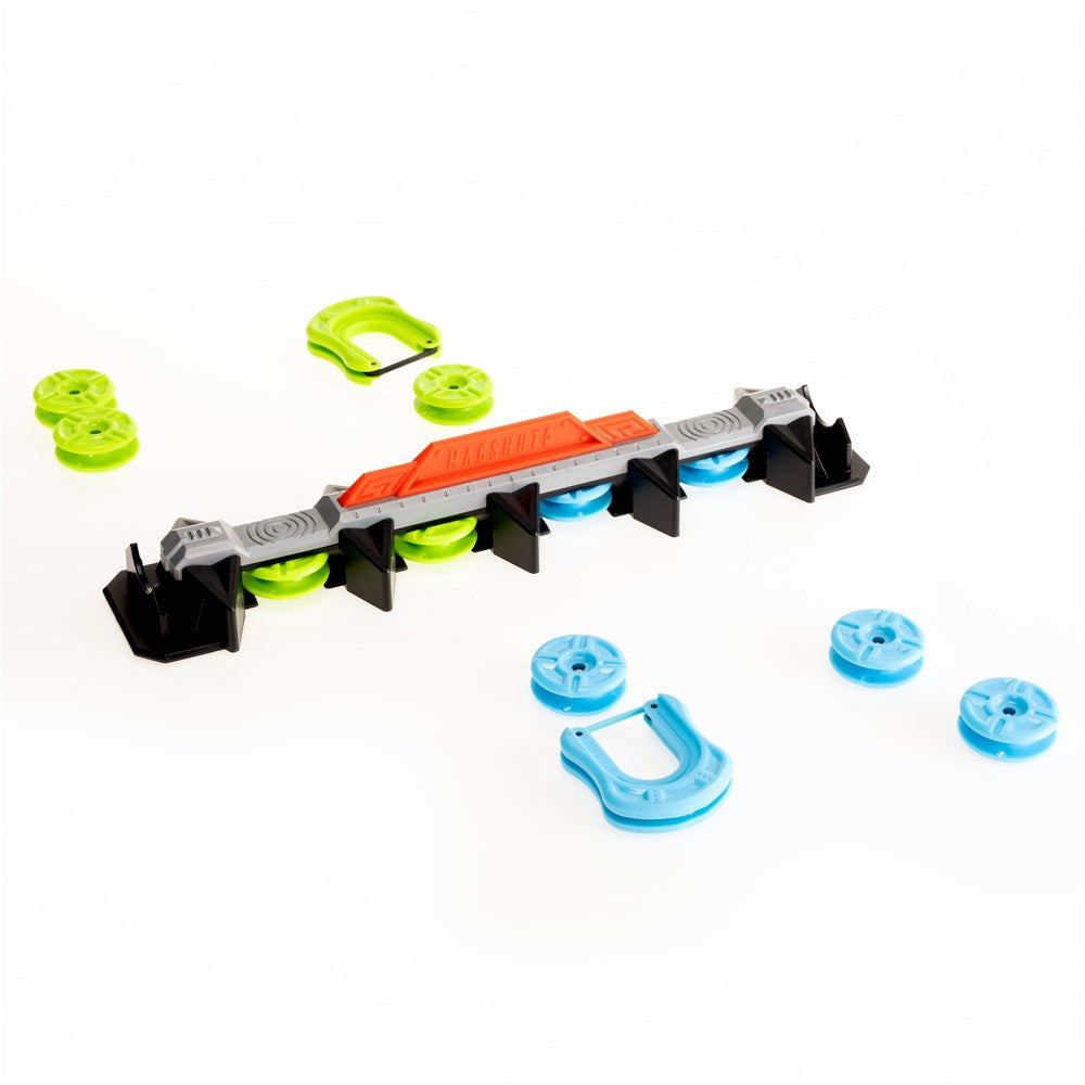 Toy track set with various track pieces on a white background