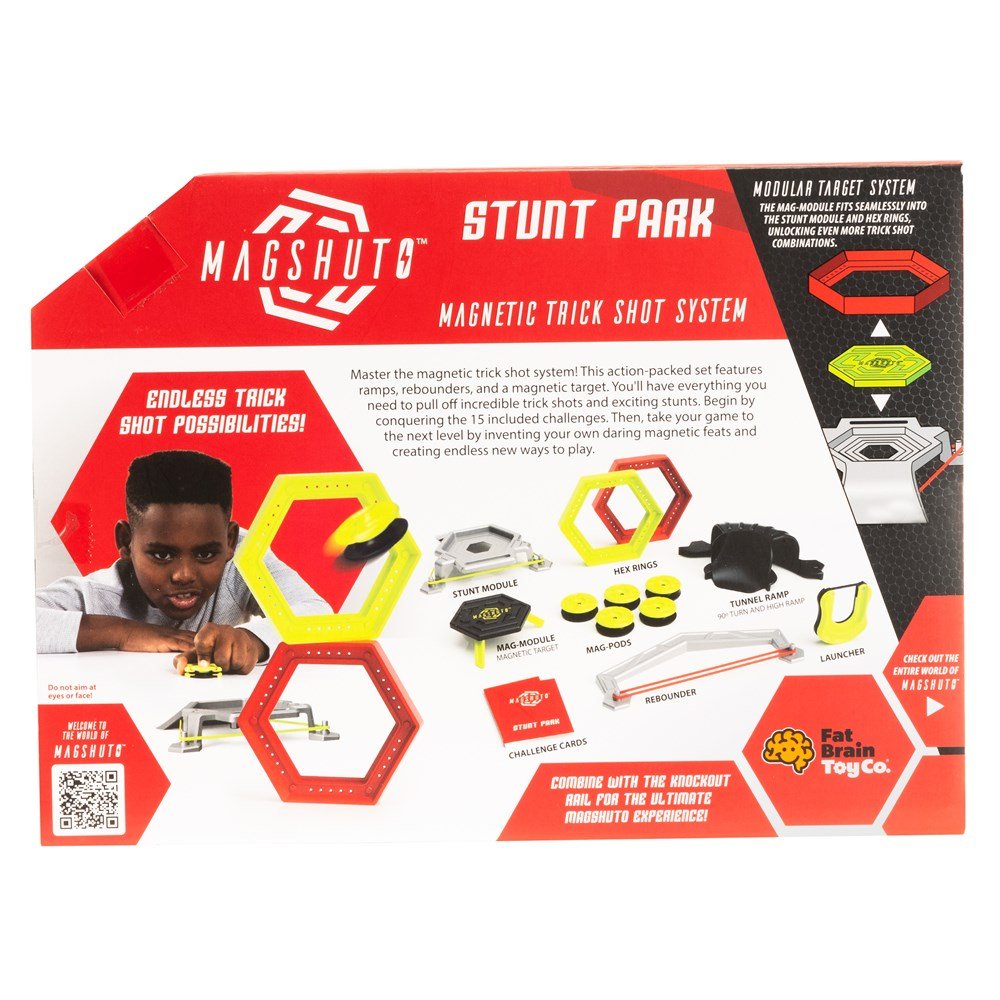 Magshuto Stunt Park magnetic trick shot system packaging with a child playing with toys.