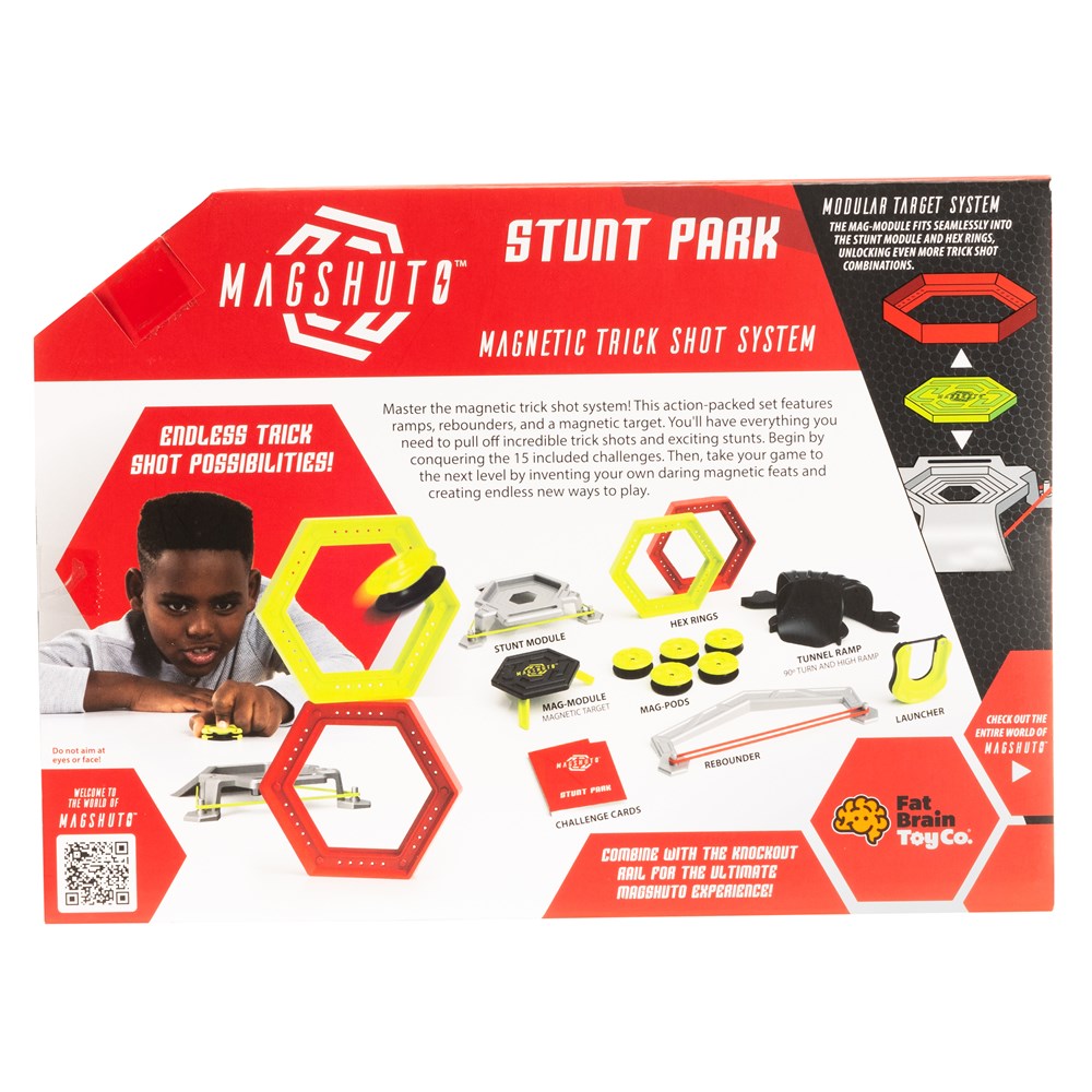 Magshuto Stunt Park magnetic trick shot system packaging with a child playing with toys.