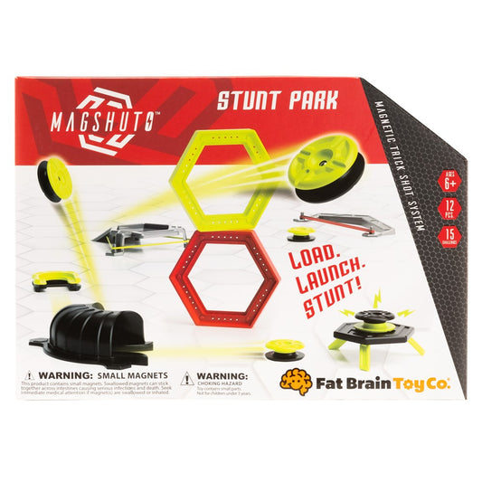 Magshuto Stunt Park toy set packaging with magnetic track and launch system on a white background.