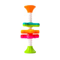 A colorful MiniSpinny toy with three propellers on a corkscrew pole, featuring vivid spectral colors.