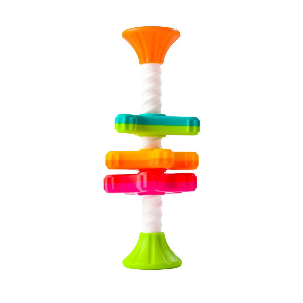 A colorful MiniSpinny toy with three propellers on a corkscrew pole, featuring vivid spectral colors.