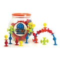 Colorful mini squigz toy set with a clear jar on a white background